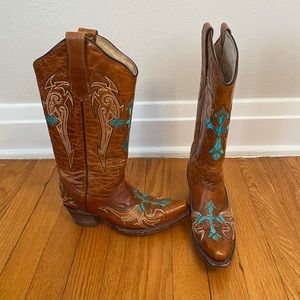Circle G brown and teal cross cowboy boots